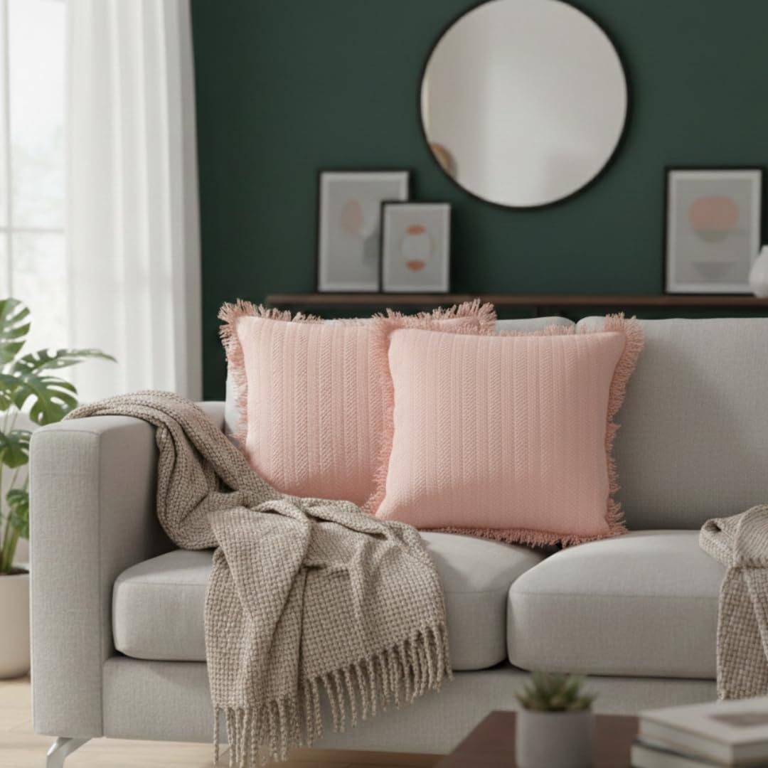 Soot Studio Pink Cushion Covers - 16X16 Inch | Set Of 2 | Hand-Woven Fringed Cotton Decorative Covers For Sofa, Living Room & Be