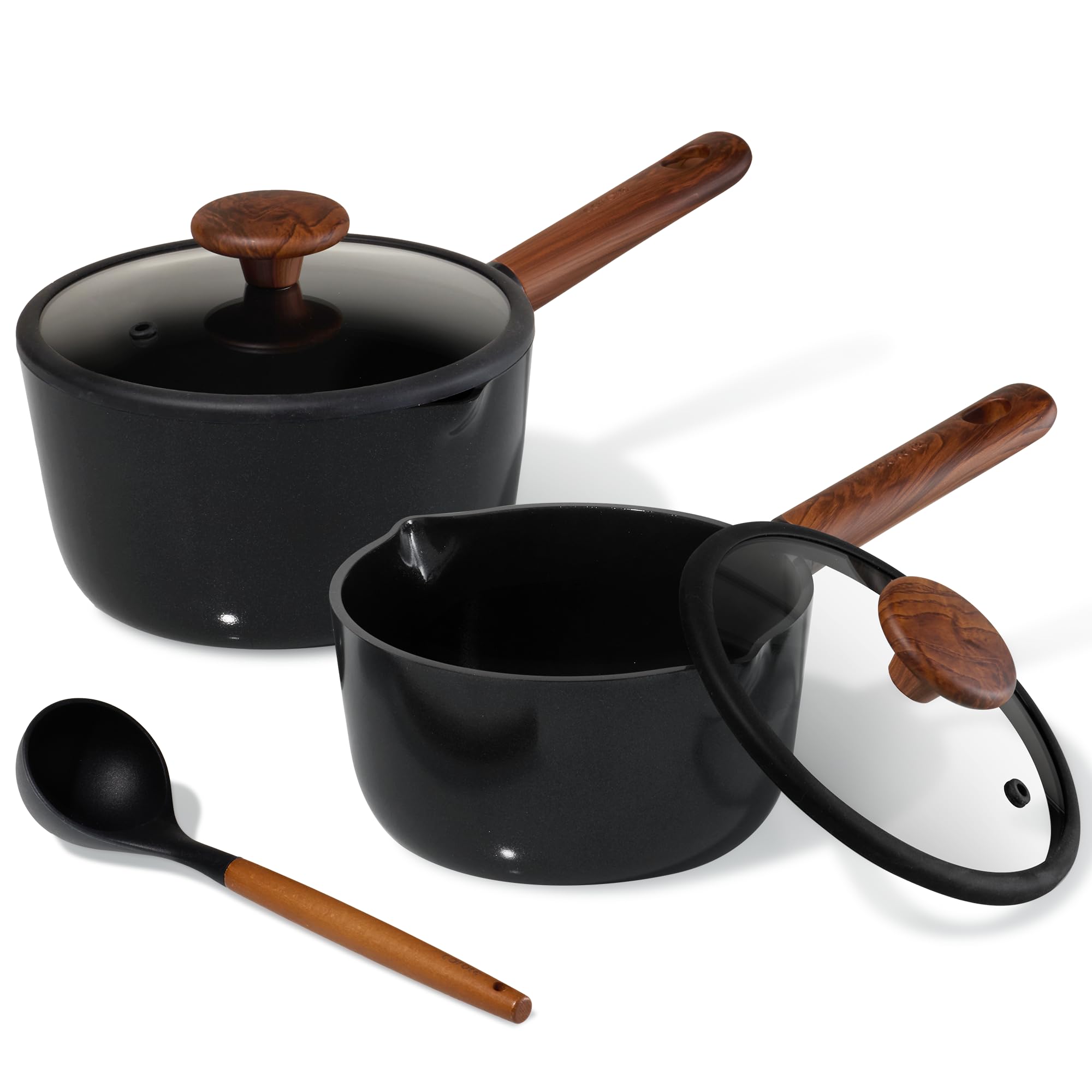 CAROTE 2QT & 3QT Sauce Pan Sets with Lid & Ladle Ceramic Nonstick Pot Set Non Toxic Saucepan Small Kitchen Cooking Pots, Easy to