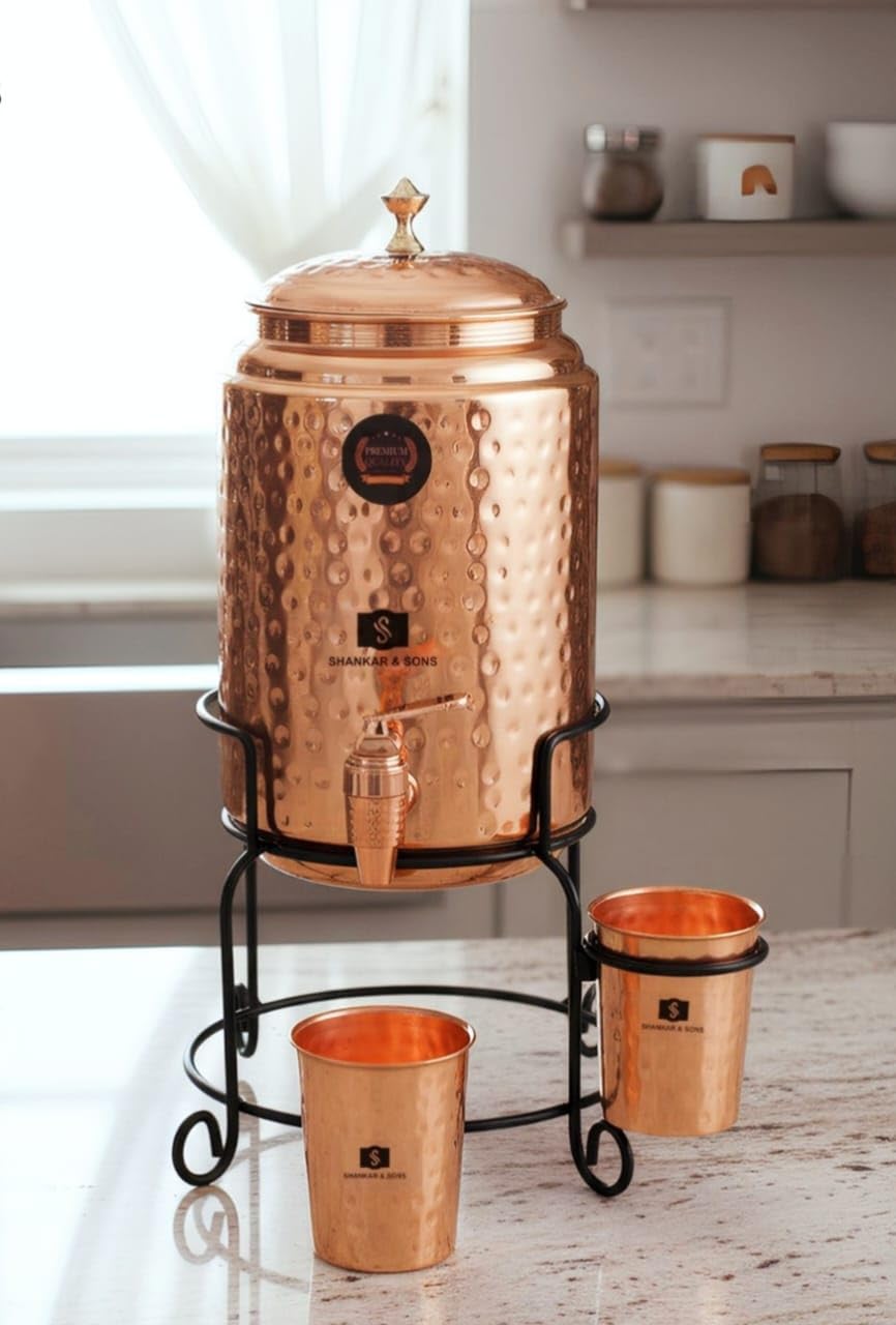 Shankar & Sons 5 Litre Copper Water Dispenser Pot With Black Iron Stand And 2 Glasses | Hammered Texture, Bpa Free, Non-Toxic Wi