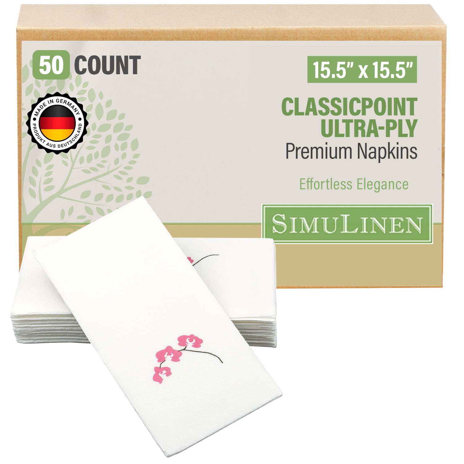 SimuLinen ClassicPoint White Disposable Dinner Napkins - Everyday Paper Napkins & Biodegradable Nice Napkins for Parties  Showers  Luncheons - White With Pink Orchid - (15.5''x15.5'' - Pack of 50)