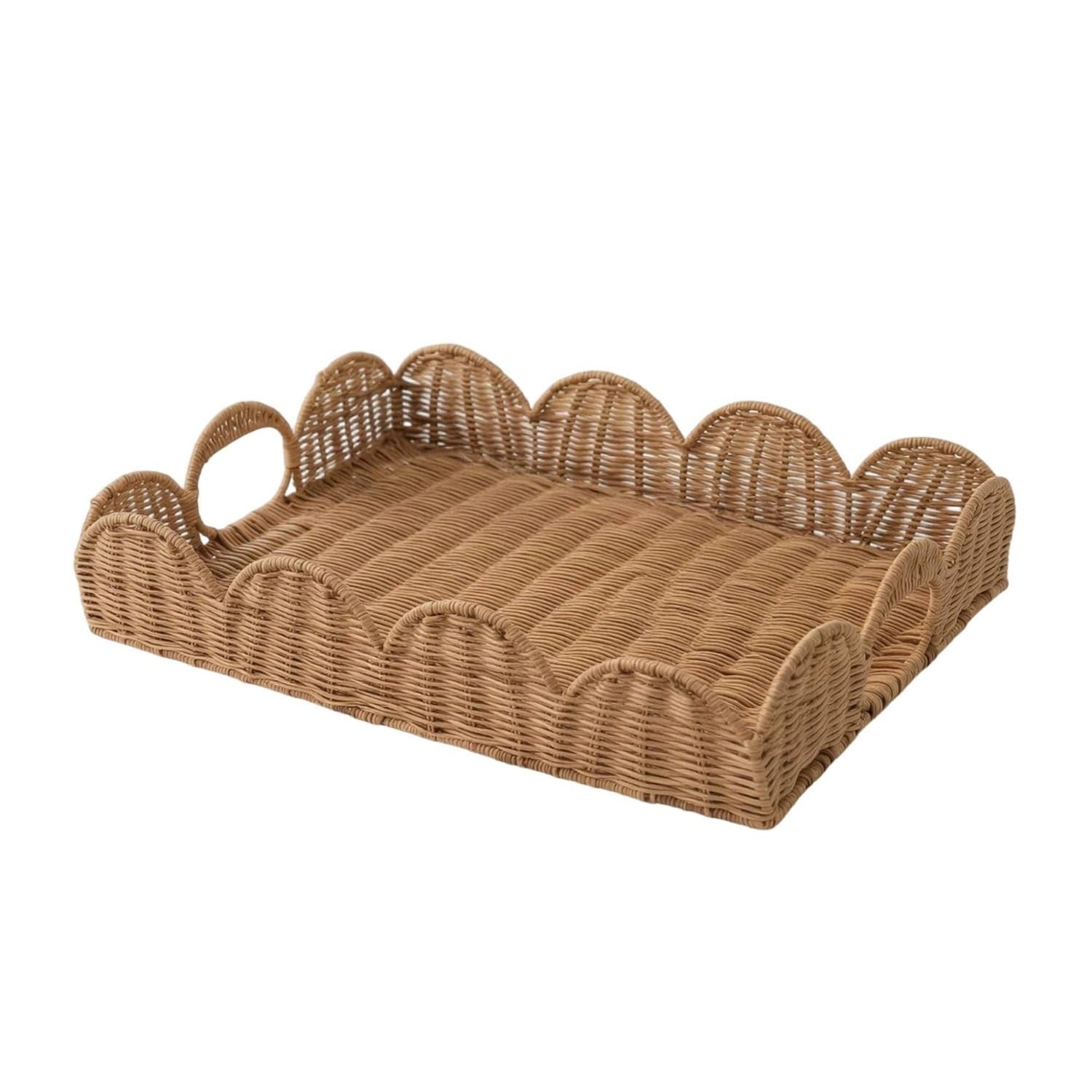 Trendynest Handwoven Rattan Tray With Handles Decorative Scalloped Wicker Tray Natural Boho For Coffee Table, Tabletop Organizat