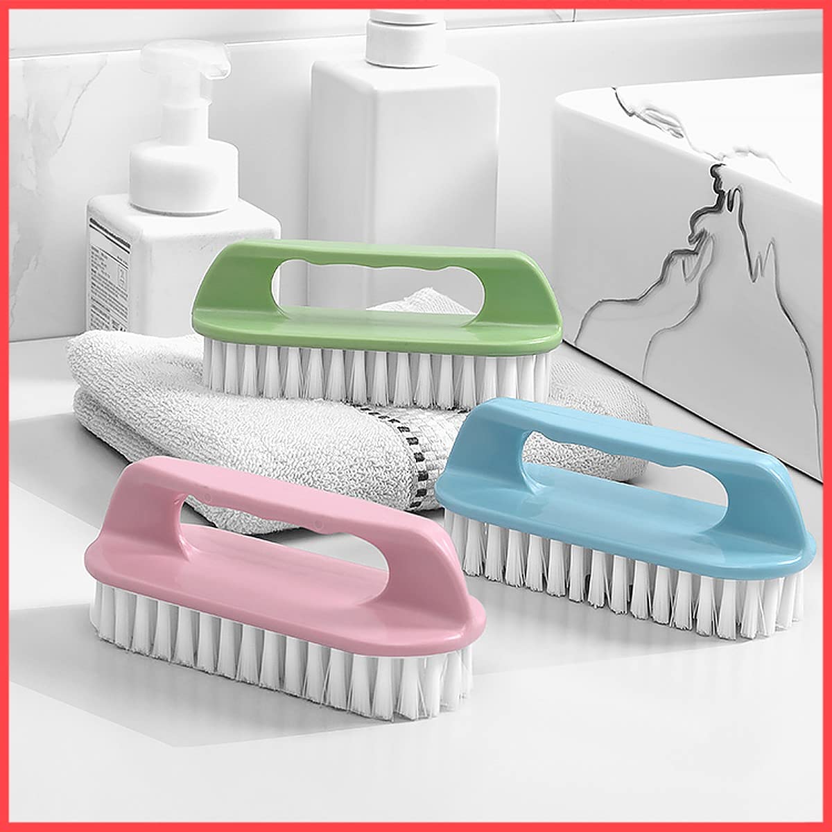 Wolpin 1 Pc Multipurpose Bathroom Cleaning Brush With Handle (14.5 X 6 X 1.3 Cm) | Sink, Tile & Shoe Cleaning Brush | Plastic Sc