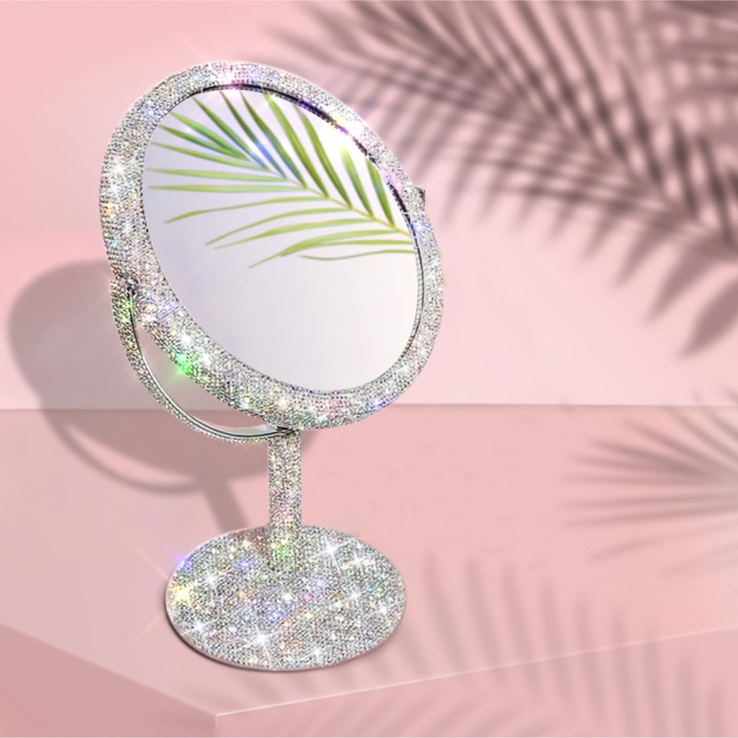 TISHAA Bling Makeup Vanity Mirror - Luxury Stand 2X Magnification Double Sided Glass Cosmetic Crystal Rhinestone Diamond Glitter Portable Desk Bathroom Bedroom Tabletop