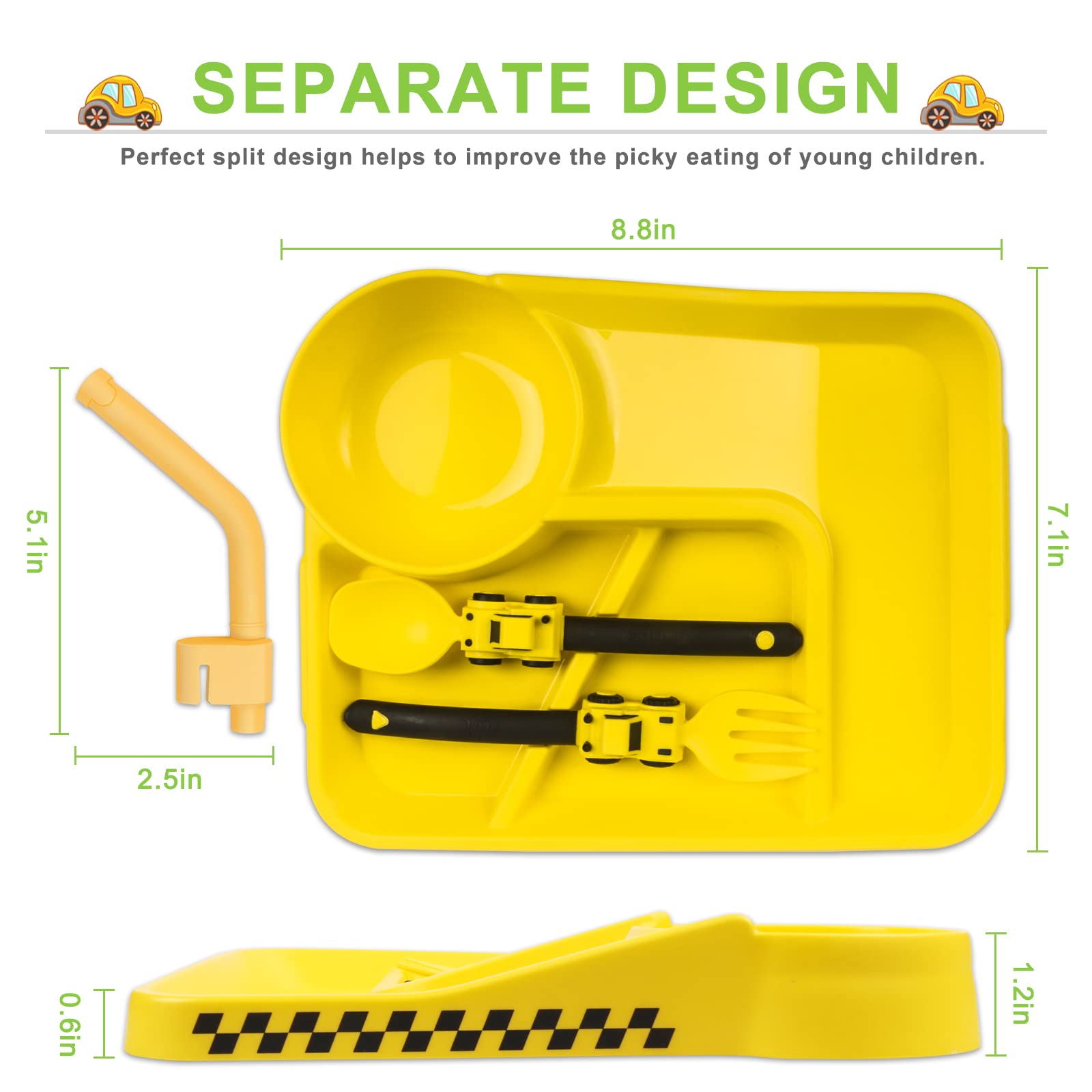 Toddler Plates - Toddler eating Utensil set with Spoon Fork and Removable Straw - construction theme Toddler Utensils - Baby Pla