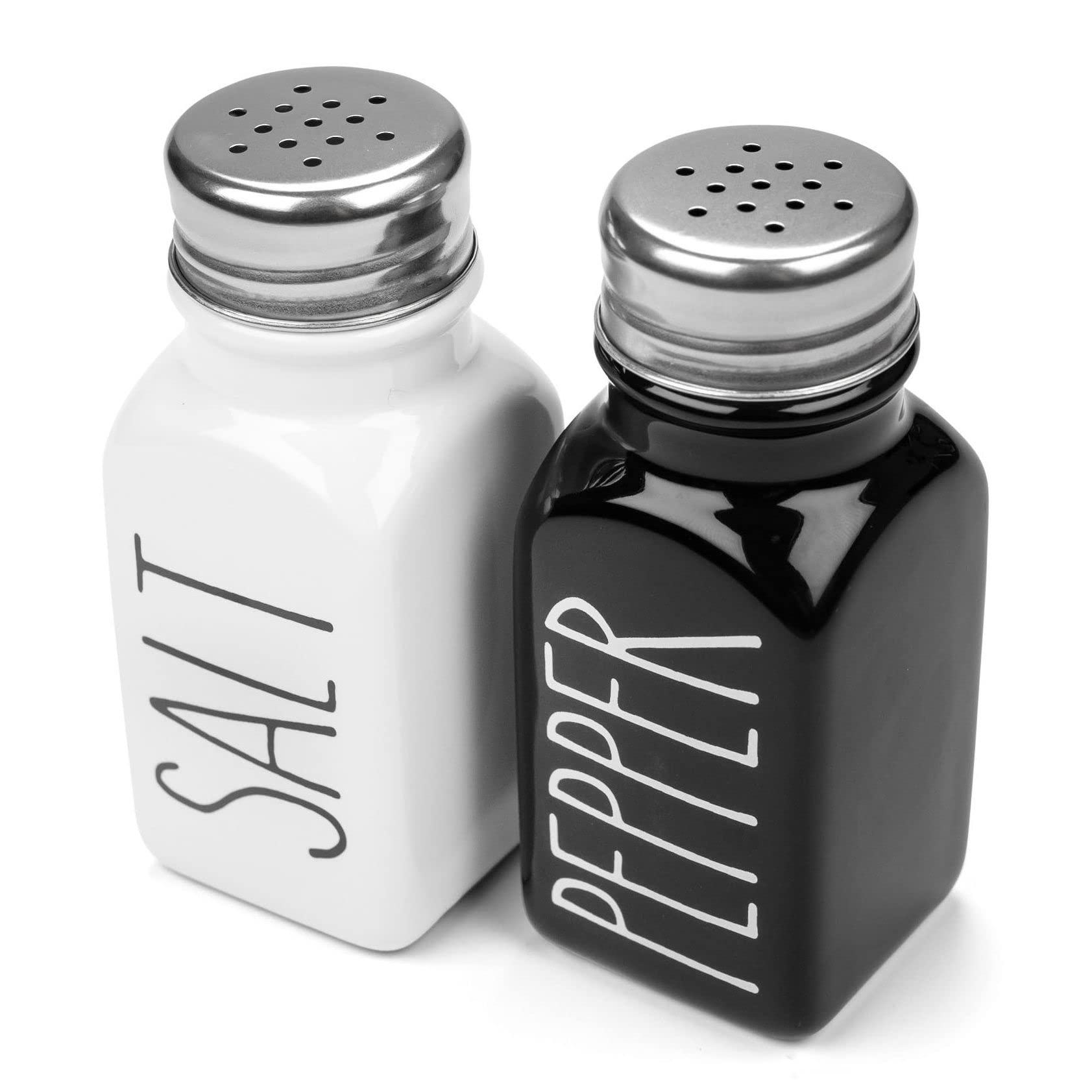 Heartland Home Farmhouse Ceramic Salt and Pepper Shakers Set with Extra Lids. 100% Stoneware Salt and Pepper Shaker Set. Black P