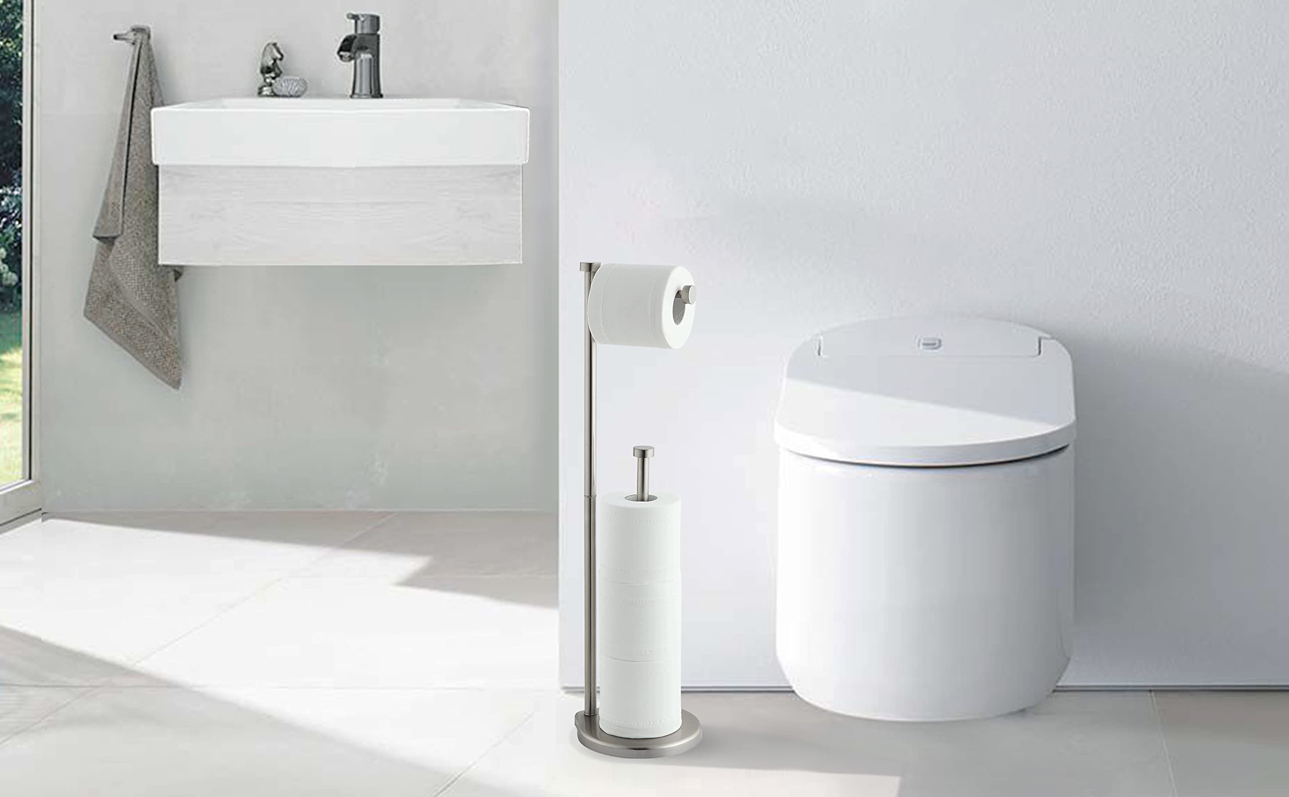 Sunnypoint Free Standing Bathroom Toilet Paper Holder Stand With Reserve, Reserve Area Has Enough Space For Jumbo Roll