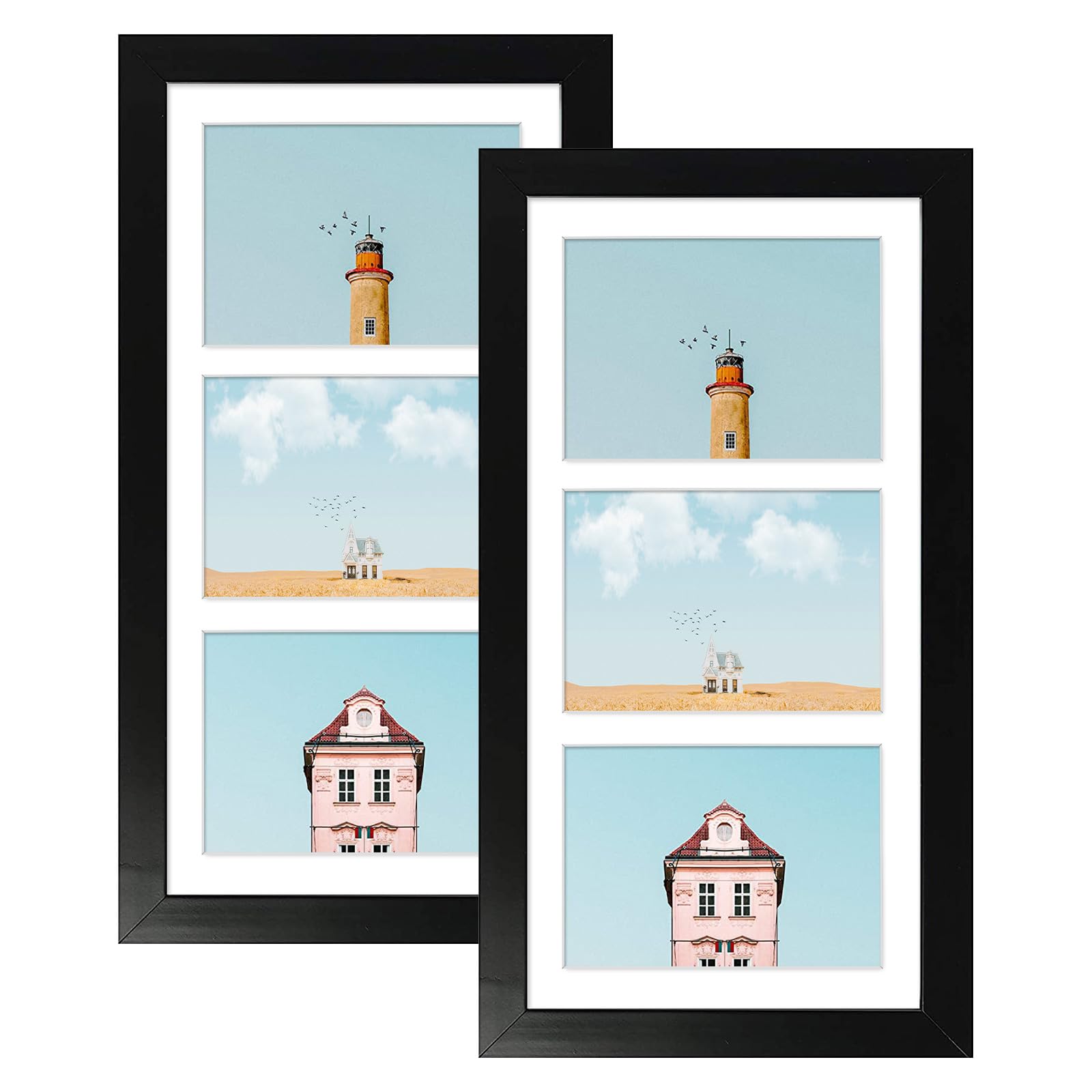 Golden State Art, Set of 2, 7x14 Black Photo Wood Collage Frame with Mat Displays (3) 4x6 Pictures