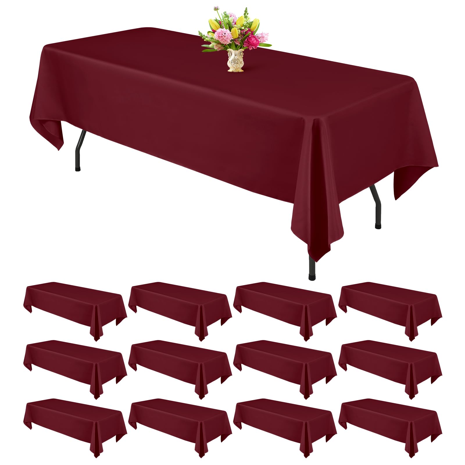 Teruntrue 12 Packs Burgundy Tablecloths 60x102 inch Rectangle Table Cloth for 6 Foot Rectangle Tables, Washable Polyester Fabric