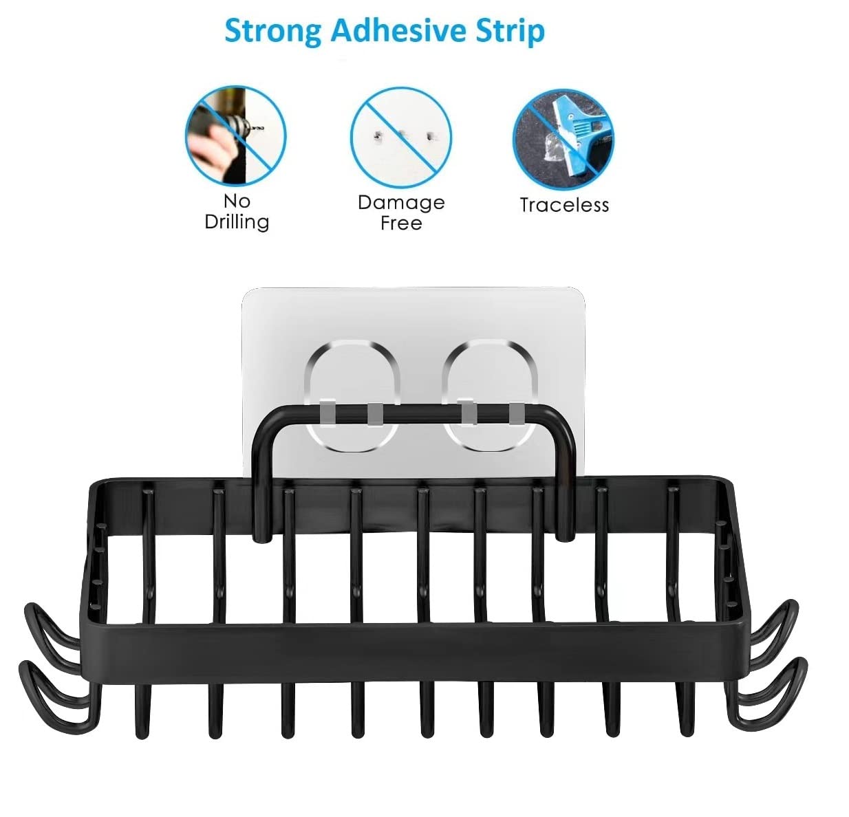 Soap Dish Soap Holder With Hooks For Shower, Rust Proof 304 Stainless Steel, Adhesive No Drilling, Black