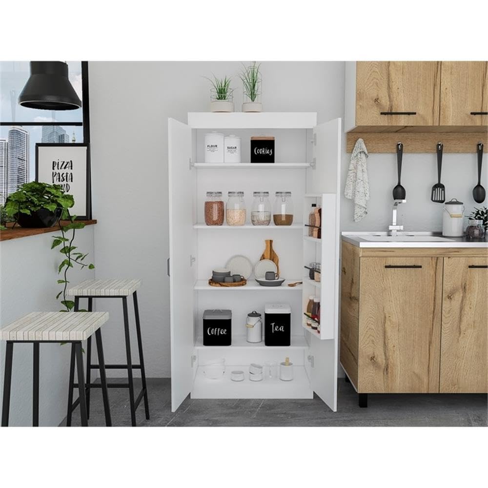 TUHOME Varese Pantry Cabinet  Two Door Cabinet  Three Internal Door Shelves  Five Shelves  White   For Kitchen Room