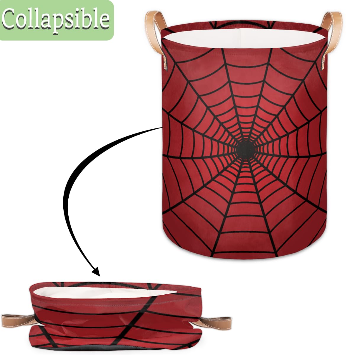 Large Laundry Hamper Basket Red Spider Web Round Freestanding Clothes Basket, Collapsible Storage Organizer Bin With Leather Han