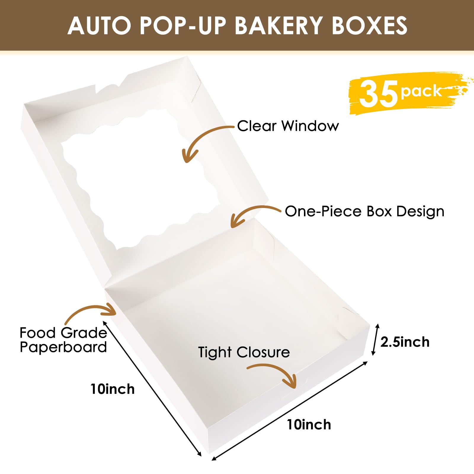 Moretoes 35pcs Pie Boxes 10x10x2.5 Inches Cookie Boxes Bakery Boxes with Window for Cookies  Pastries  Pies  Chocolate Covered Strawberries  Valentine's Day (White)