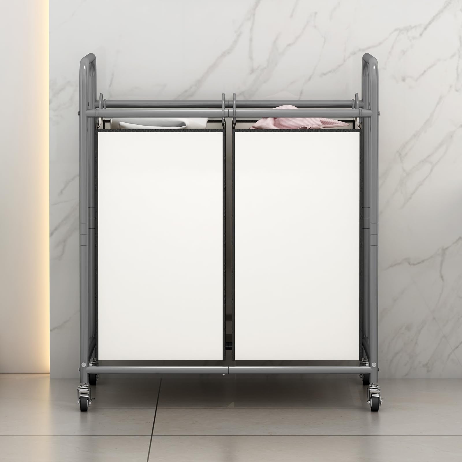 SUOERNUO Laundry Sorter Basket 2 Bag Laundry Hamper Cart with Rolling Removable Bags Laundry Organizer Cart for Clothes Storage  Beige (2 Bags  Beige)