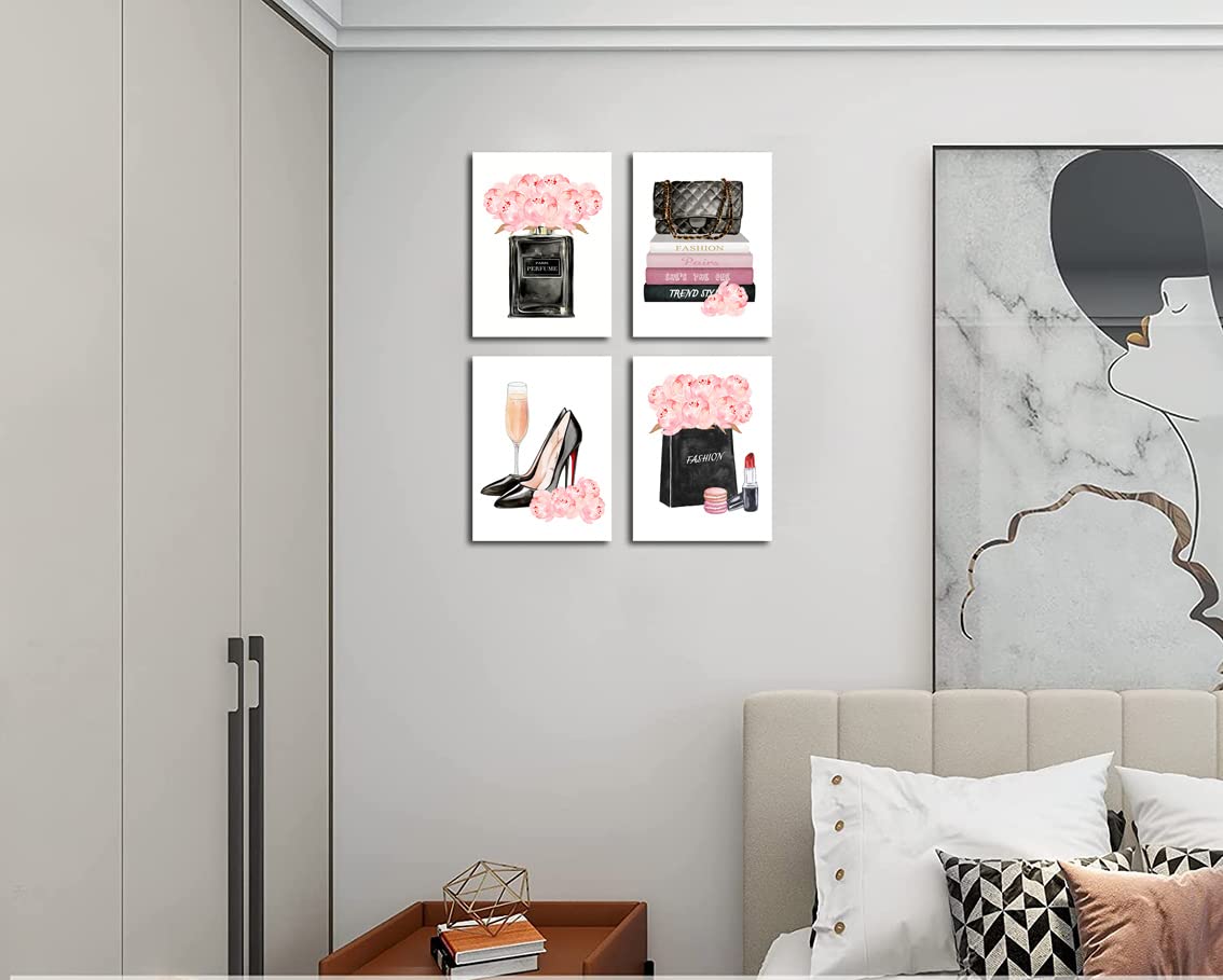 Pink Makeup Room Wall Art Fashion Perfume Flowers Handbag Poster Pictures Canvas Prints Framed For Women Bedroom Rose Gold Room