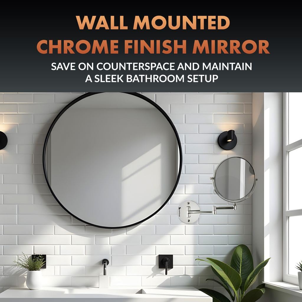 Newhouse Chrome Magnifying Mirror NHMM-001, Swivel Wall Mirror with 1x/5x Zoom, Ideal for Makeup Mirror or Small Vanity Bathroom