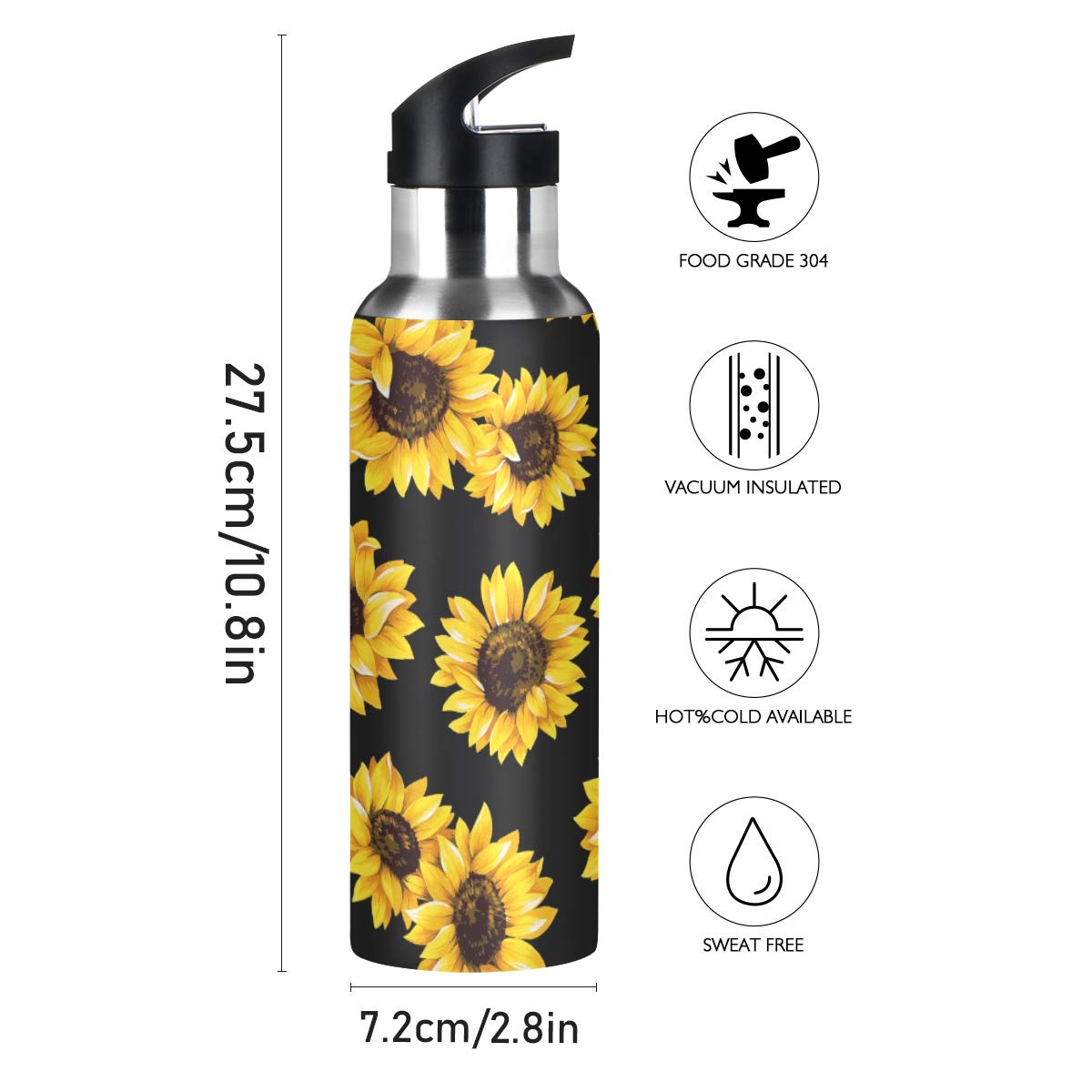 Alaza Sunflower Water Bottle With Straw Lid Kids Vacuum Insulated Stainless Steel Bpa Free Water Flask Thermo Mug Sport, 20 Oz H