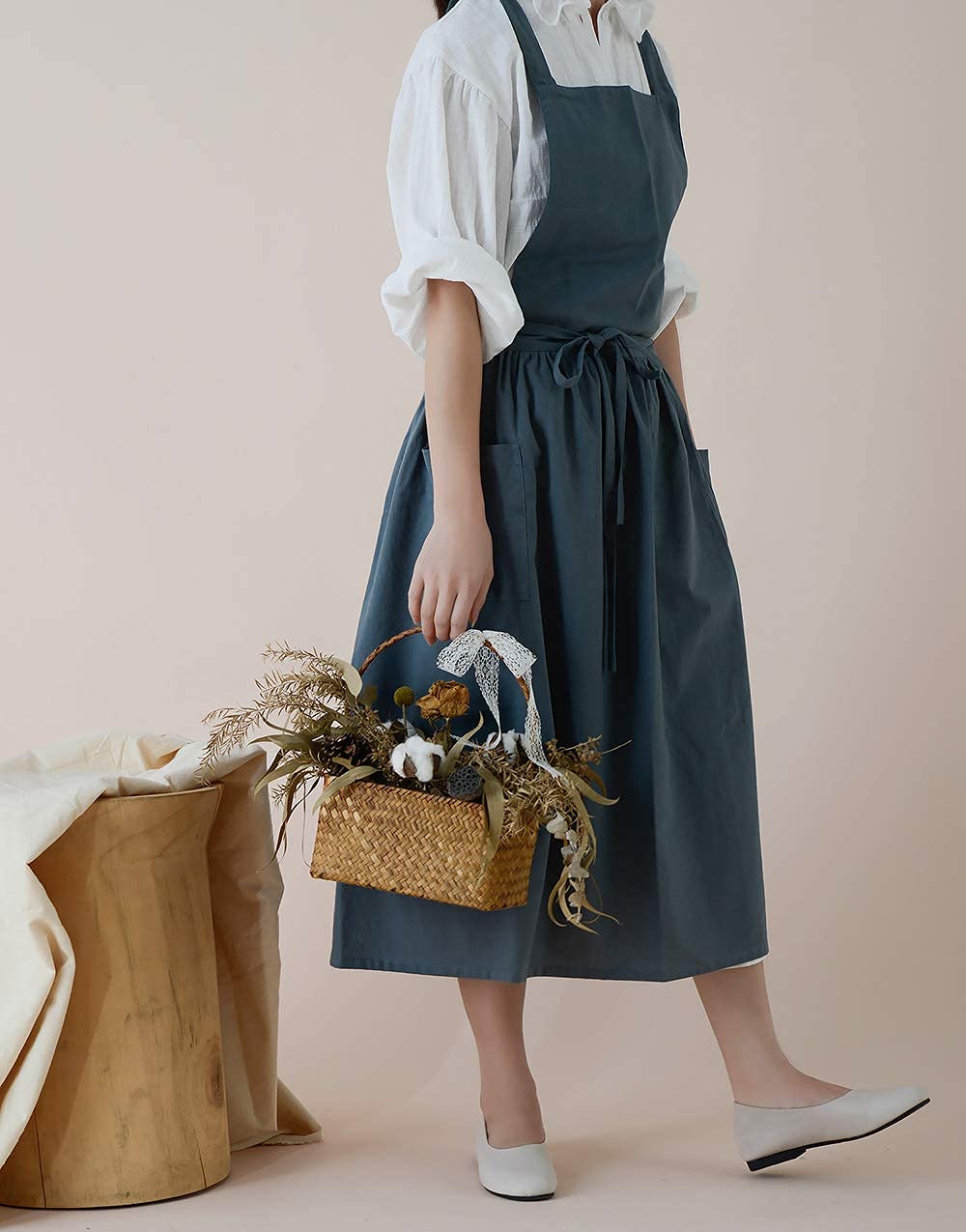 losofar Cotton Pleated Apron Retro Waterdrop Proof Garden Cleaning Pinafore Dress (green  103cmx86cm)