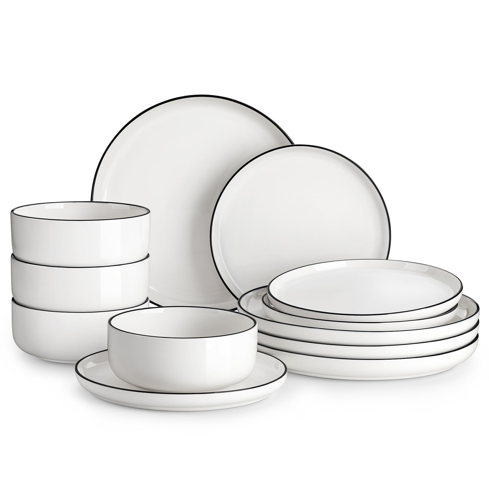 MALACASA Plates and Bowls Sets, 12 Pieces Modern Porcelain Dinnerware Set for 4 White Kitchen Dinner Dining Ware Set wtih Black 