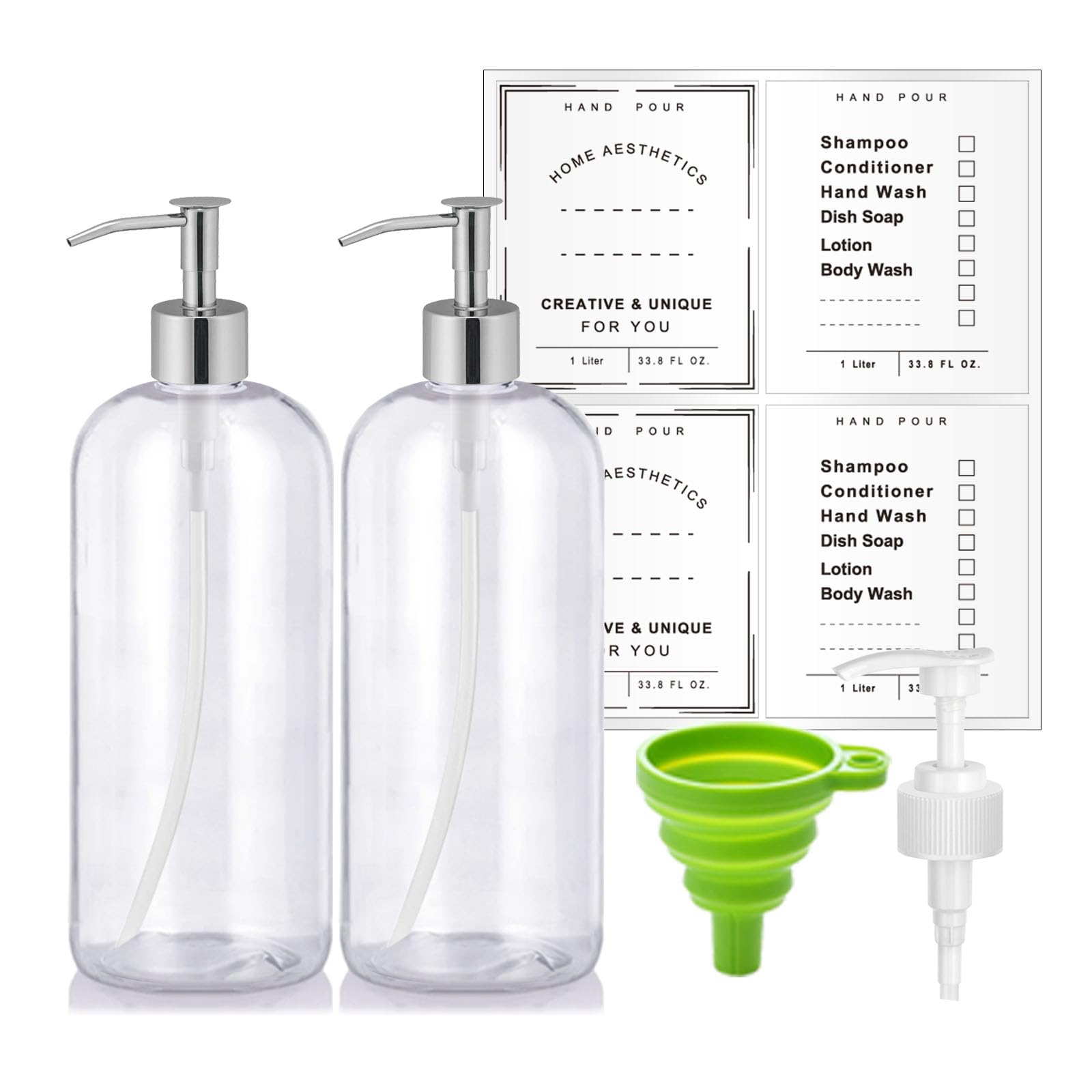 Refillable 32Oz Dispenser Plastic Bottle 2Pack With Steel Pumps, 1 Liter Crystal Clear Multi-Use Empty Container With Funnel For