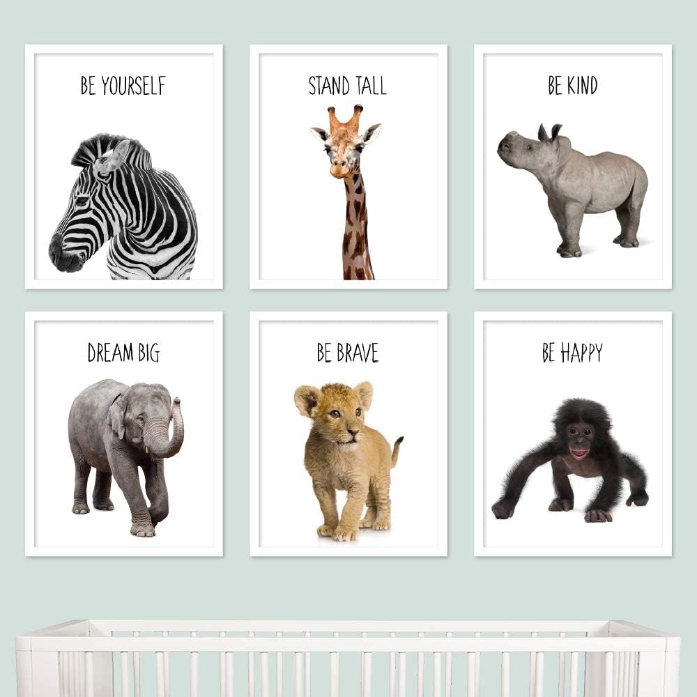 FUNNY PARTY PIECES Set of 6 Safari Animal Prints - Nursery Bedroom Decor For Children Baby  Nursery Wall Art - Jungle Safari Decor - Cute Prints With Inspiring Messages