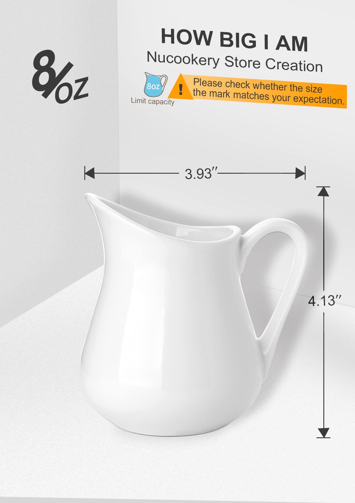 Nucookery 2 Pack 8 Oz White Creamer With Handle, Ceramic Small Creamer Pitcher Set Of 2, Porcelain Small Milk Pitcher For Coffee