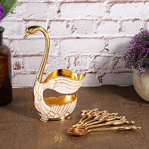 Metal Coffee Dessert Dinner Spoon Set, Teaspoon Fruit Dessert Flatware Swan Base Holder Metal Coffee Spoon Organizer With 6Pcs C