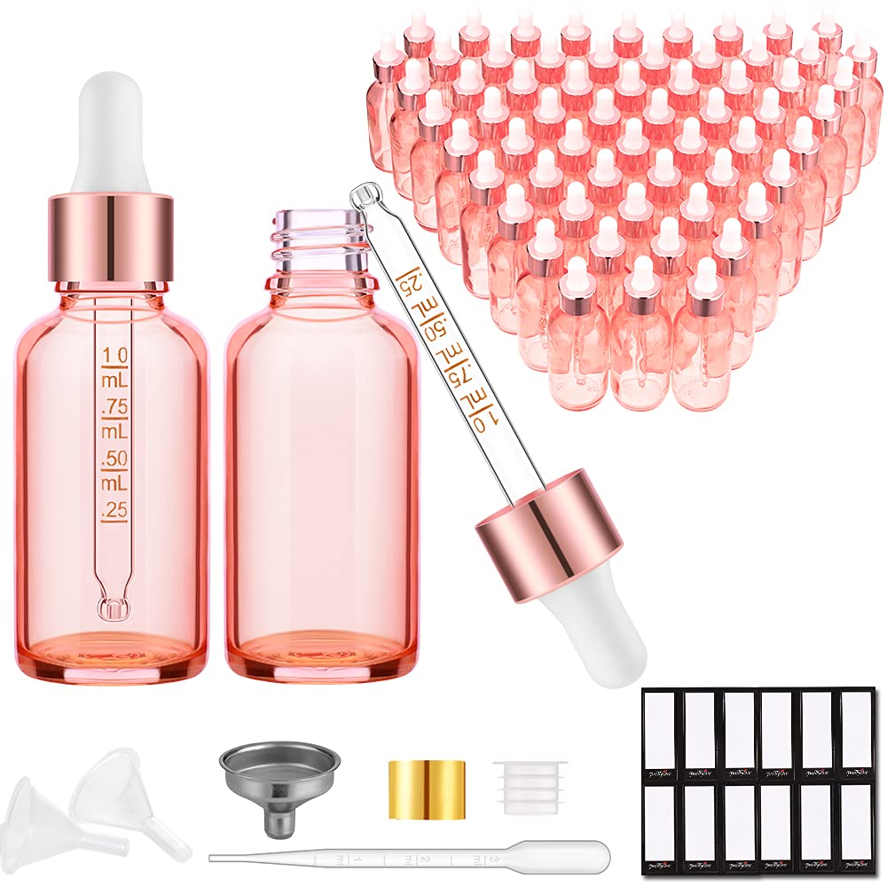 Prettycare 2 Oz Tincture Bottles With Dropper (63 Pack Rose Glass Eye Dropper Bottle 60 Ml With Measured Pipettes, Golden Caps,