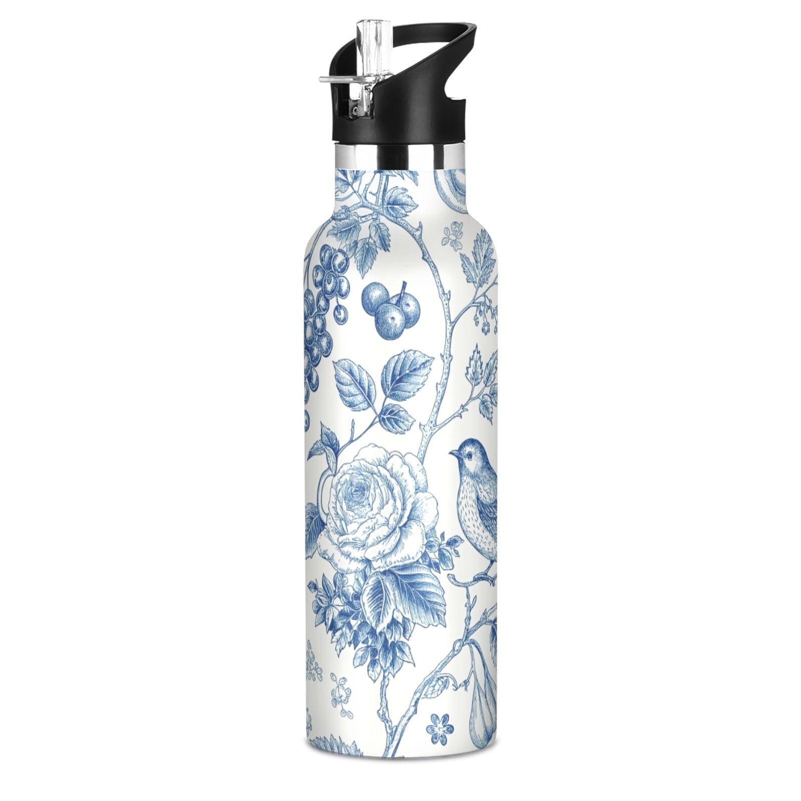 FLildon 20oz Water Bottle with Straw Lid, Chinoiserie Berries Birds Stainless Steel Sport Water Bottle LeakProof DoubleWall Va
