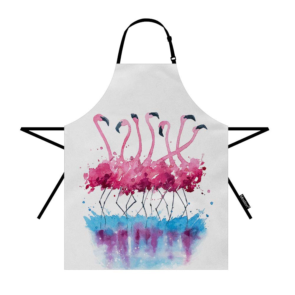 Moslion Flamingo Apron 31X27 Inch Tropical Love Birds Feather Romance Brushstroke Splash Watercolor Kitchen Chef Waitress Cook A