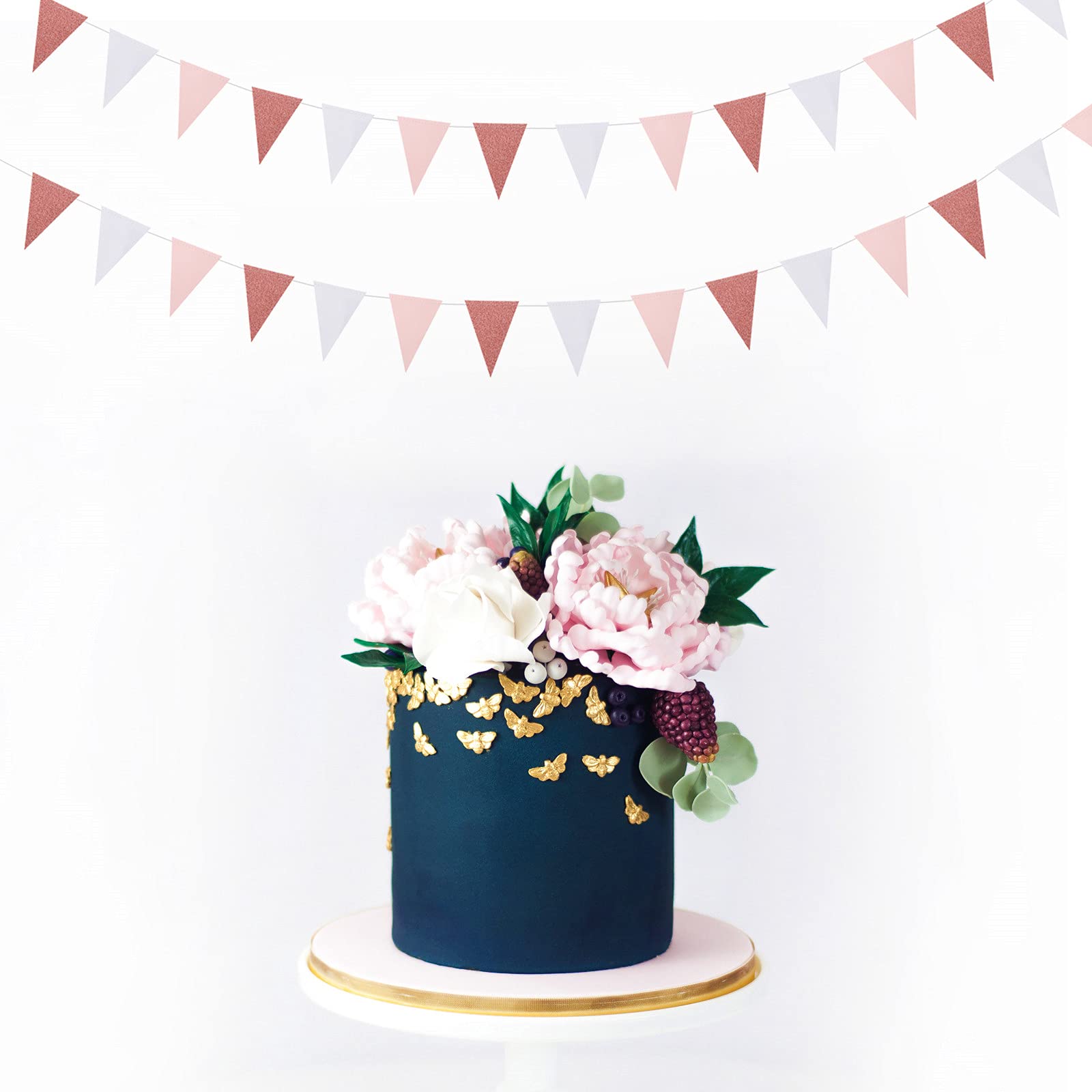 Pink-White Rose-Gold Party Decorations Banner - 2 Pack Engagement Baby Bridal Shower Paper Pennant Triangle Flags, Girl Birthday