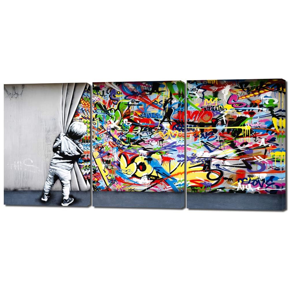 Mamago Colorful Wall Art Graffiti Behind The Curtain Banksy Canvas Prints Poster Classic Painting Street Pop Decor Framed Modern