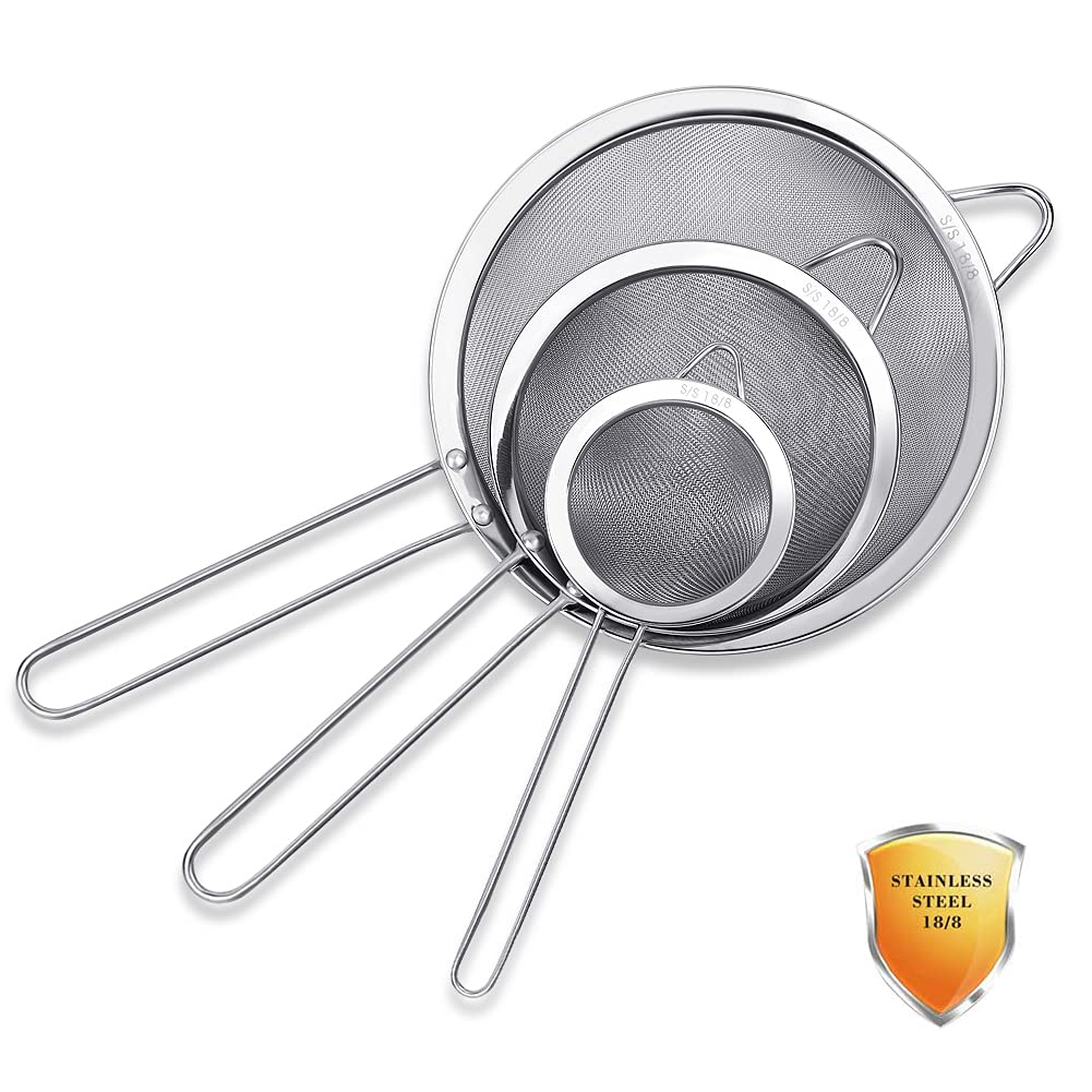 3 Pack Stainless Steel 18/8 Extra Fine Double Mesh Strainers, Large, Medium & Small Sifters, Ideal For Pasta, Rice, Tea, Spaghet