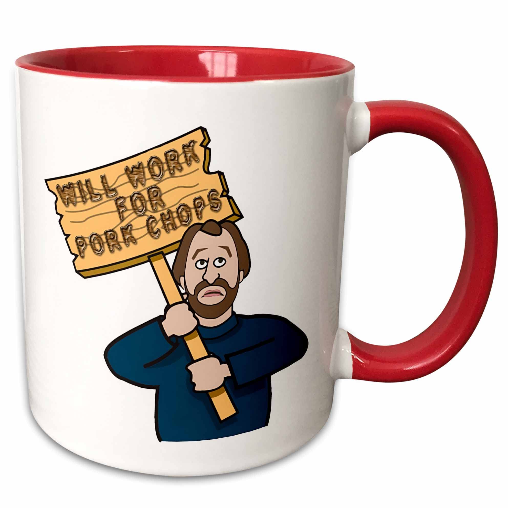 3dRose Funny Humorous Man Guy With A Sign Will Work For Pork Chops 15oz Two-Tone Red Mug