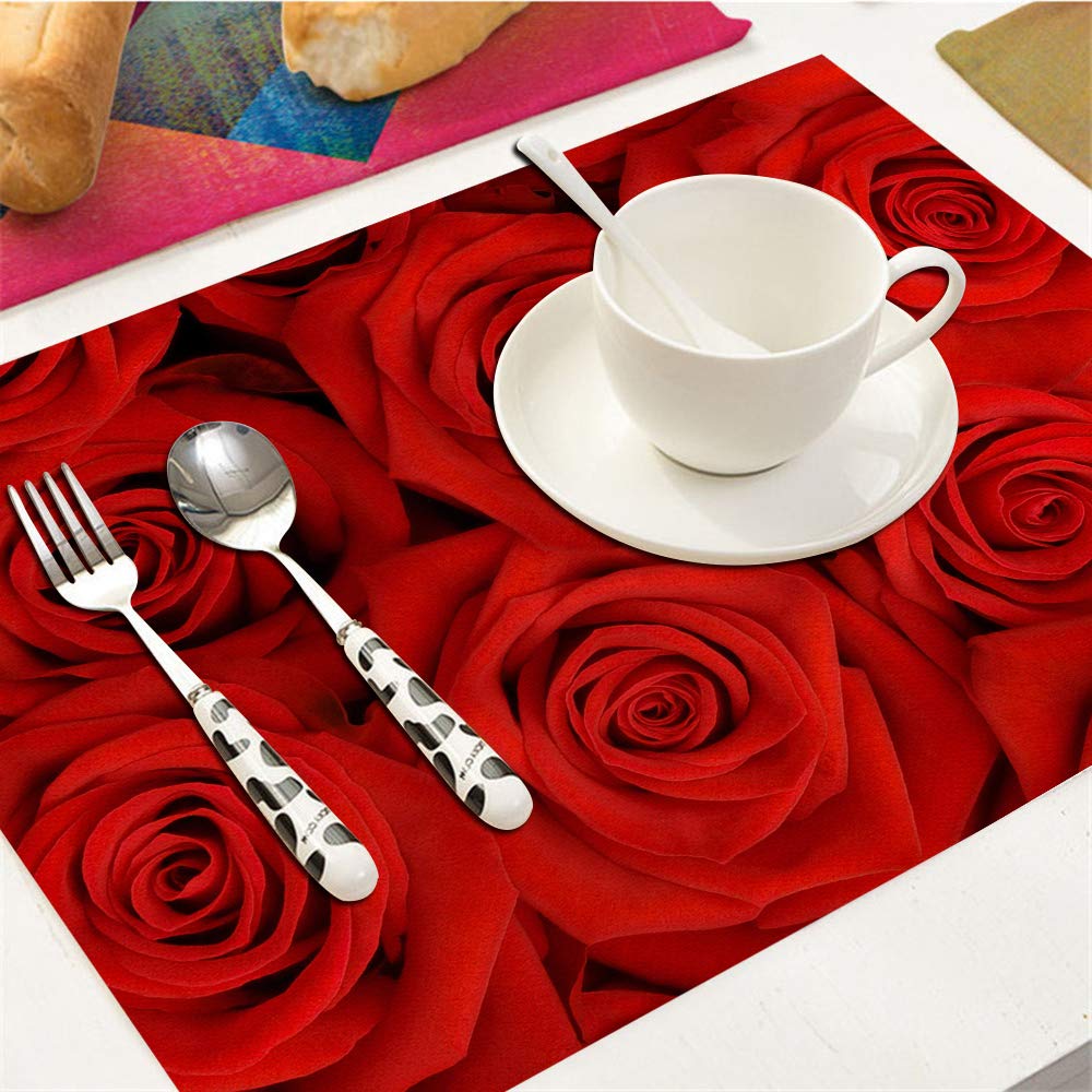 Red Rose Placemats Set Of 4, Beautiful Red Rose Placemats Heat Resistant For Dining Table Non-Slip 18X12 Inches