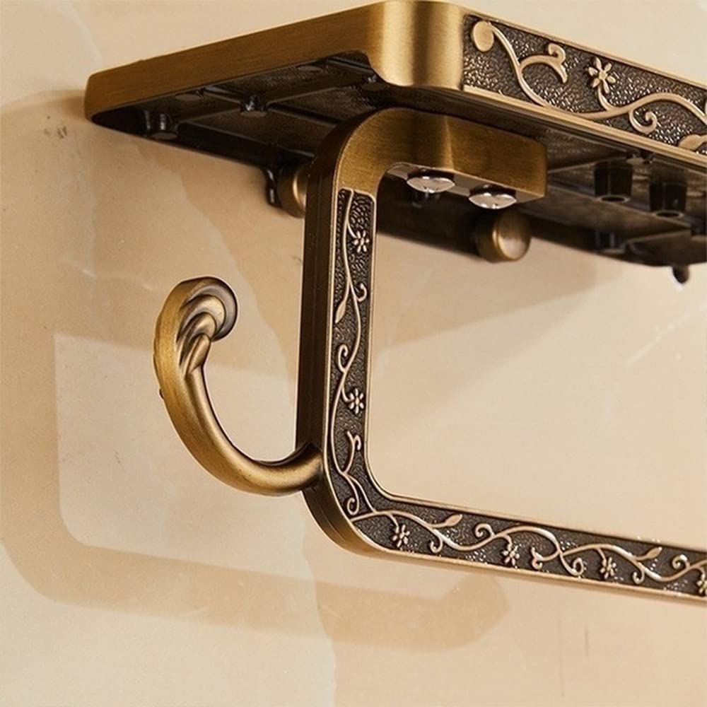 Vintage Paper Towel Holder With Cellphone Shelf For Bathroom, Wall Mount Anti-Rust Aluminum Paper Towel Rack (Brass)