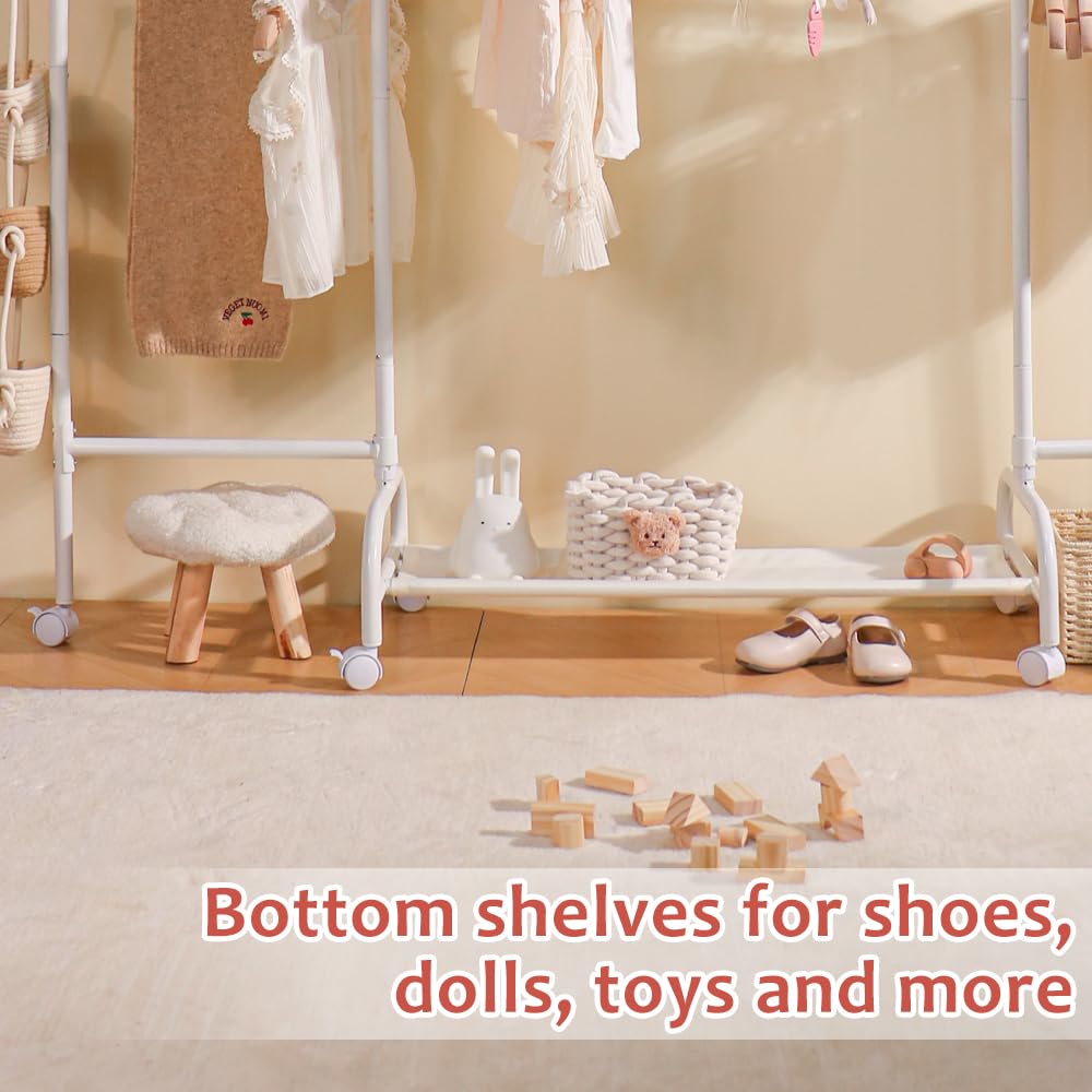 YGJT Multifunctional Kids Clothing Rack, Baby Garment Rack for Hanging Clothes with Wheels and Bottom Storage Shelf, Small Cloth