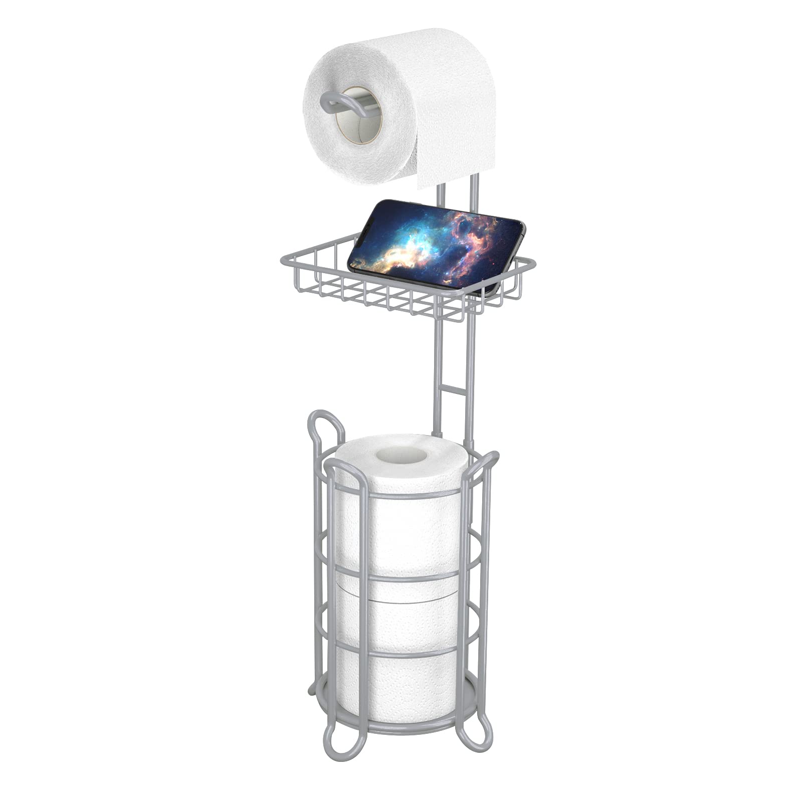 Toilet Paper Roll Holder Stand Bathroom Tissue Holders Free Standing With Middle Shelf Storage Reserve Mega Rolls/Phone/Wipe-Gra