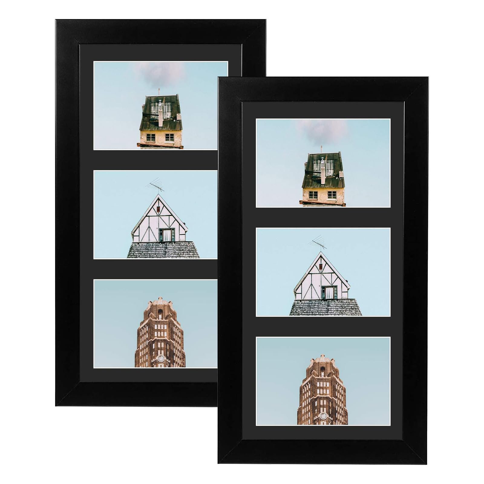 Golden State Art, Set of 2, 7x14 Wood Frame for Three 4x6 Picture - Black with 3-Opening Black Mat Color - Portrait or Landscape