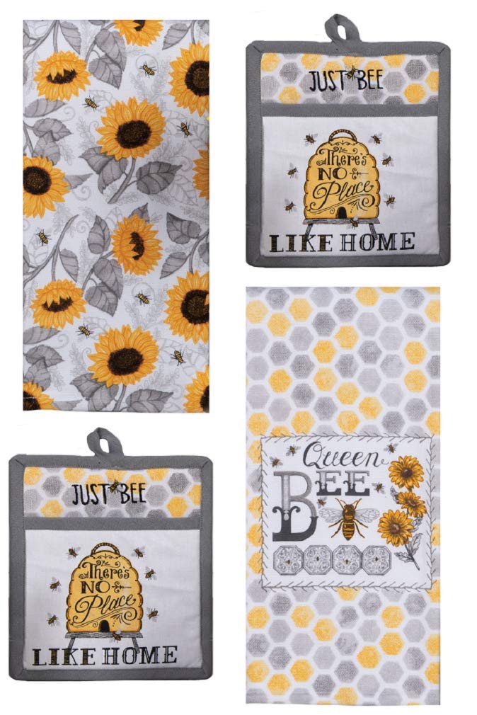 Yellow Gray Queen Bee Sunflower Kitchen Accessory Bundle Of 2 Dual Purpose Towels And 2 Pocket Mitts