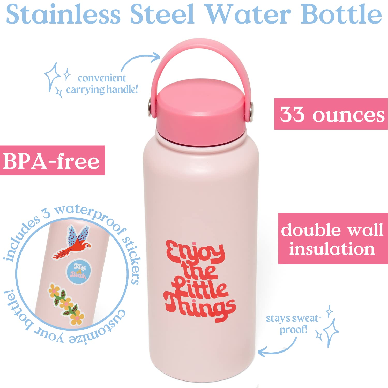 Ban.Do Large Water Bottle With Waterproof Sticker Pack, Stainless Steel Double Wall Tumbler, 33 Oz Insulated Metal Water Bottle