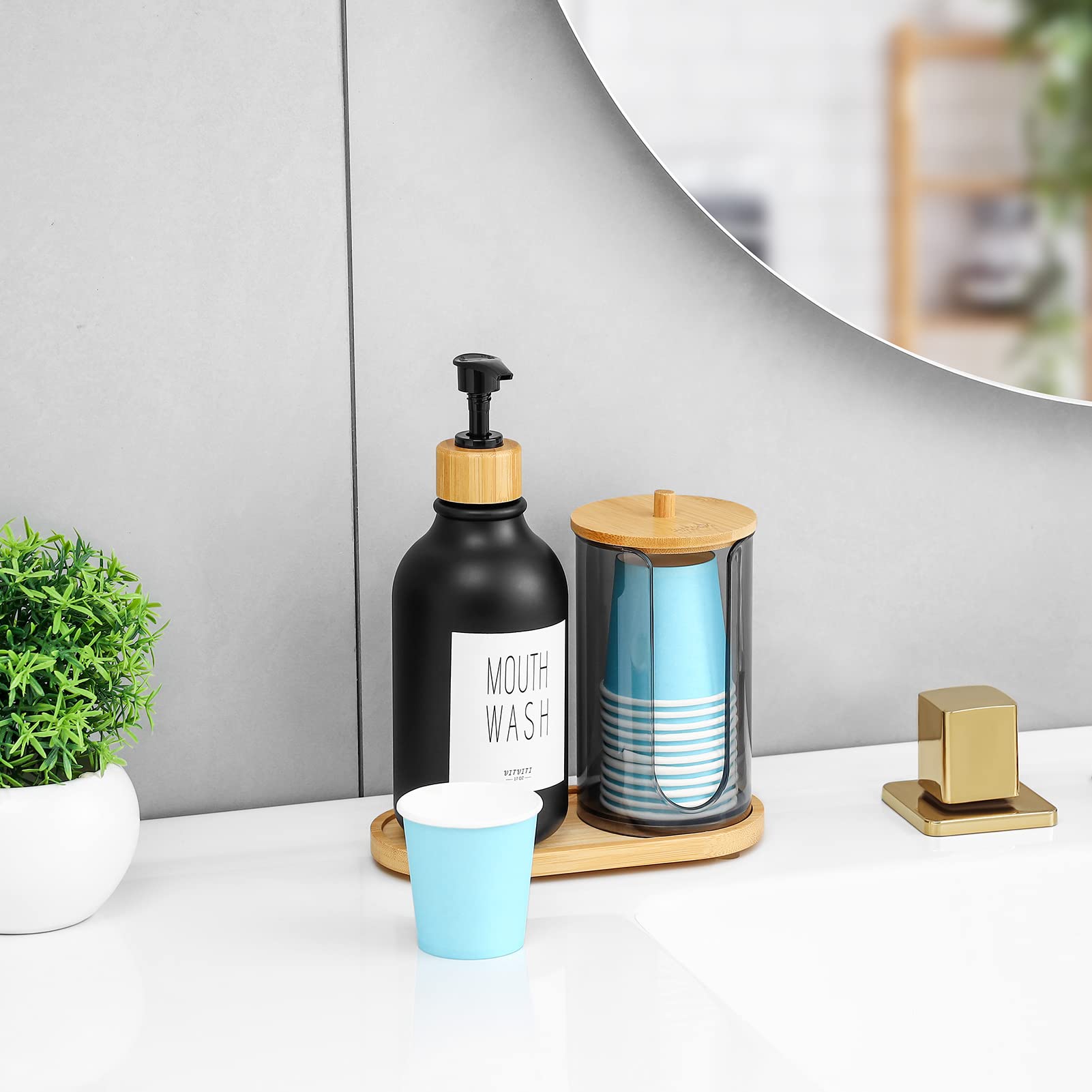 Vitviti Mouthwash Dispenser For Bathroom, Mouth Wash Pump Bottle With Paper Cup Holder, 17Oz Refillable Black Mouthwash Containe