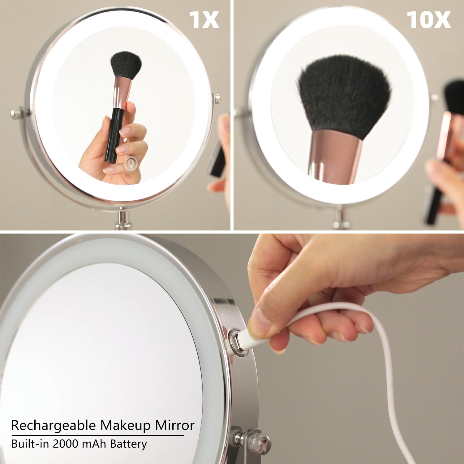 Hieey Lighted Makeup Mirror With Magnification, 1X/10X Rechargeable 8'' Lighted Mirror, 360 Rotation Touch Screen Vanity Mirror,