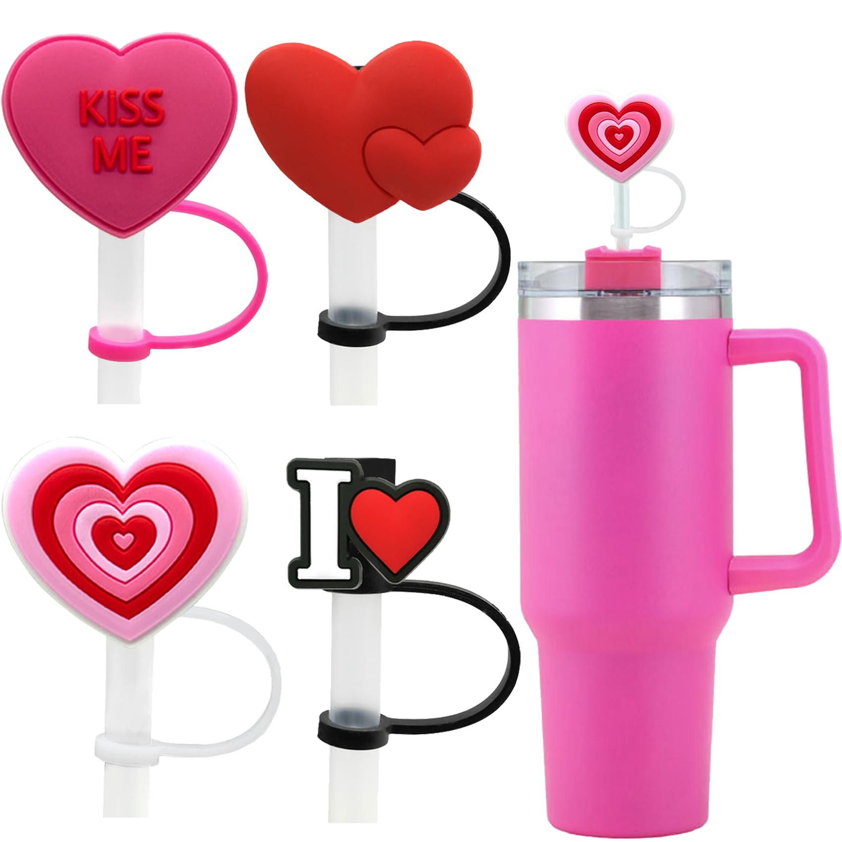 Stanley Cup Accessories 40Oz 30Oz Tumbler With Handle,Hot Pink Straw Toppers,Heart Straw Cover Cap For Stanley Cup, Red Pink Str