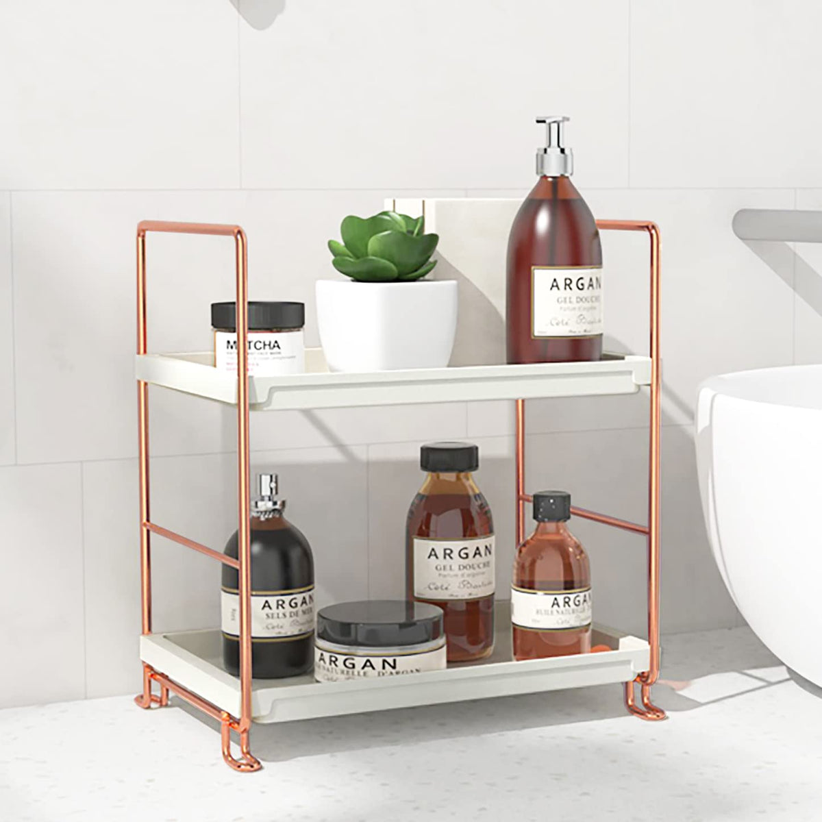 Fsyueyun 2-Tier Bathroom Counter Organizer, Tool-Free Installation Vanity Makeup Tray Skincare Shelf Perfume Stand For Dresser B
