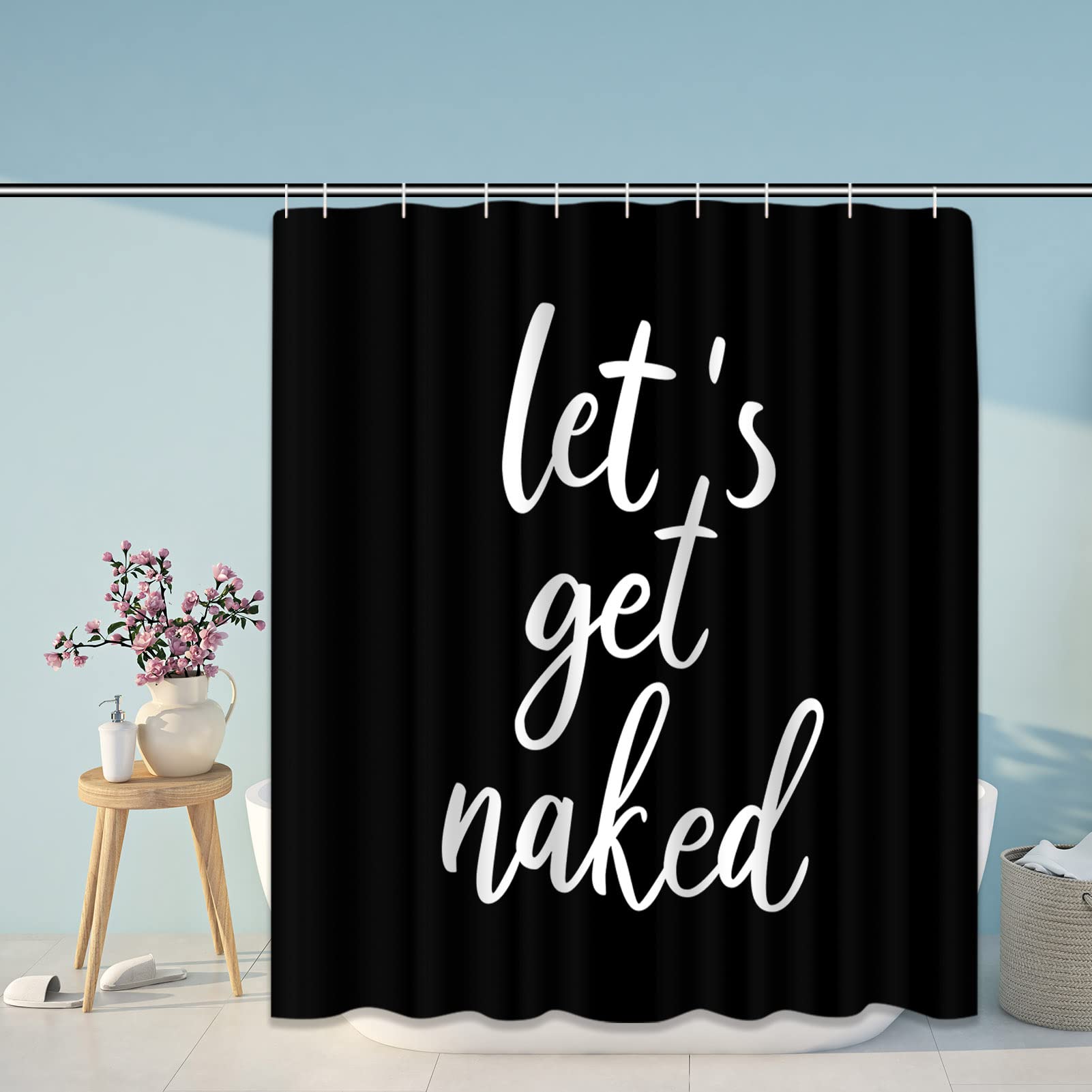 Artsocket 4Pc Shower Curtain Set With Rugs, Let'S Get Naked Bathroom Set With Non-Slip Rug, Toilet Lid Cover, Bath Mat And 12 Ho