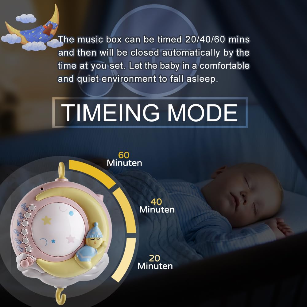 Baby Musical crib Mobile with Timing Function Projector and Lights Hanging Rotating Rattles and Remote control Music Box with 150 Melodies Toy for Newborn 0-24 Months