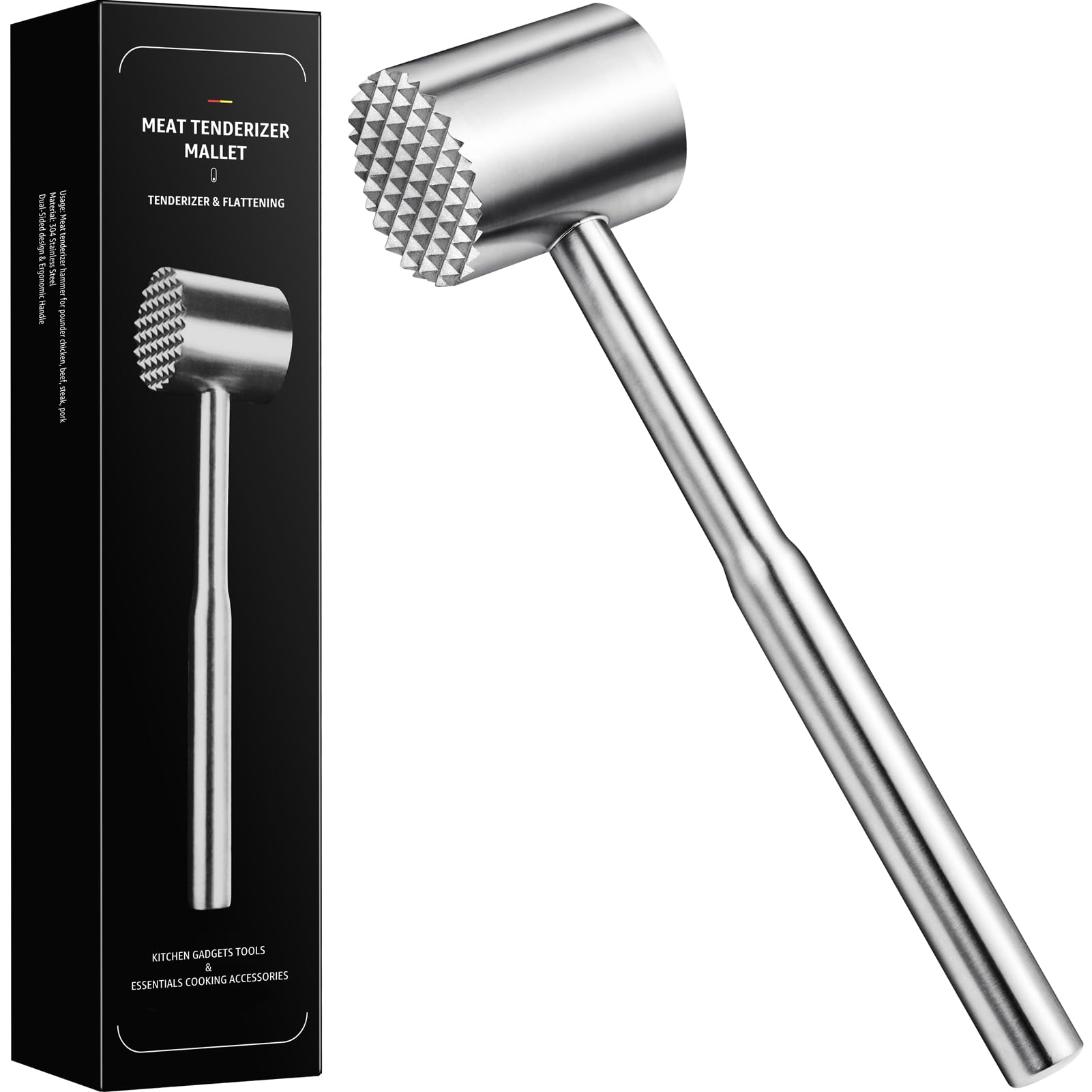 Stainless-Steel Meat Tenderizer Mallet - Meat Tenderizer Tool for Pounder Chicken, Beef, Steak, Pork, Dual-Sided with Ergonomic 