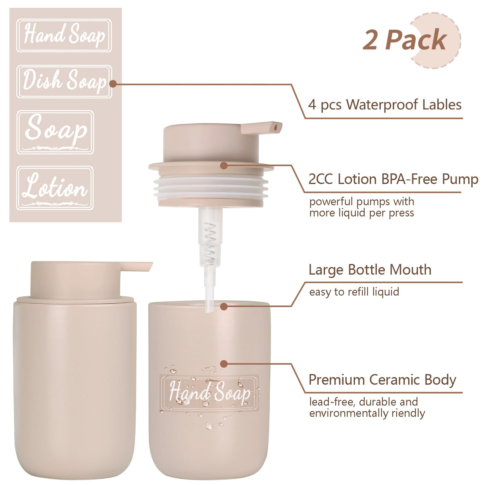 Bosilunlife Khaki Soap Dispenser Set - 2 Pack 12Oz Ceramic Dish Soap Dispenser With Rust Proof Pump For Kitchen, Hand Soap And L