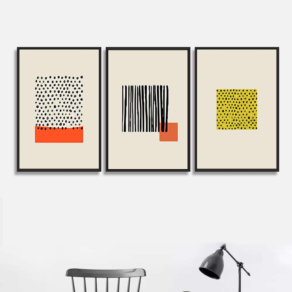 Idea4Wall Framed Wall Art Print Set Black Dot & Line Color Block Squares Abstract Patterns Digital Art Pop Art Bohemian Colorful