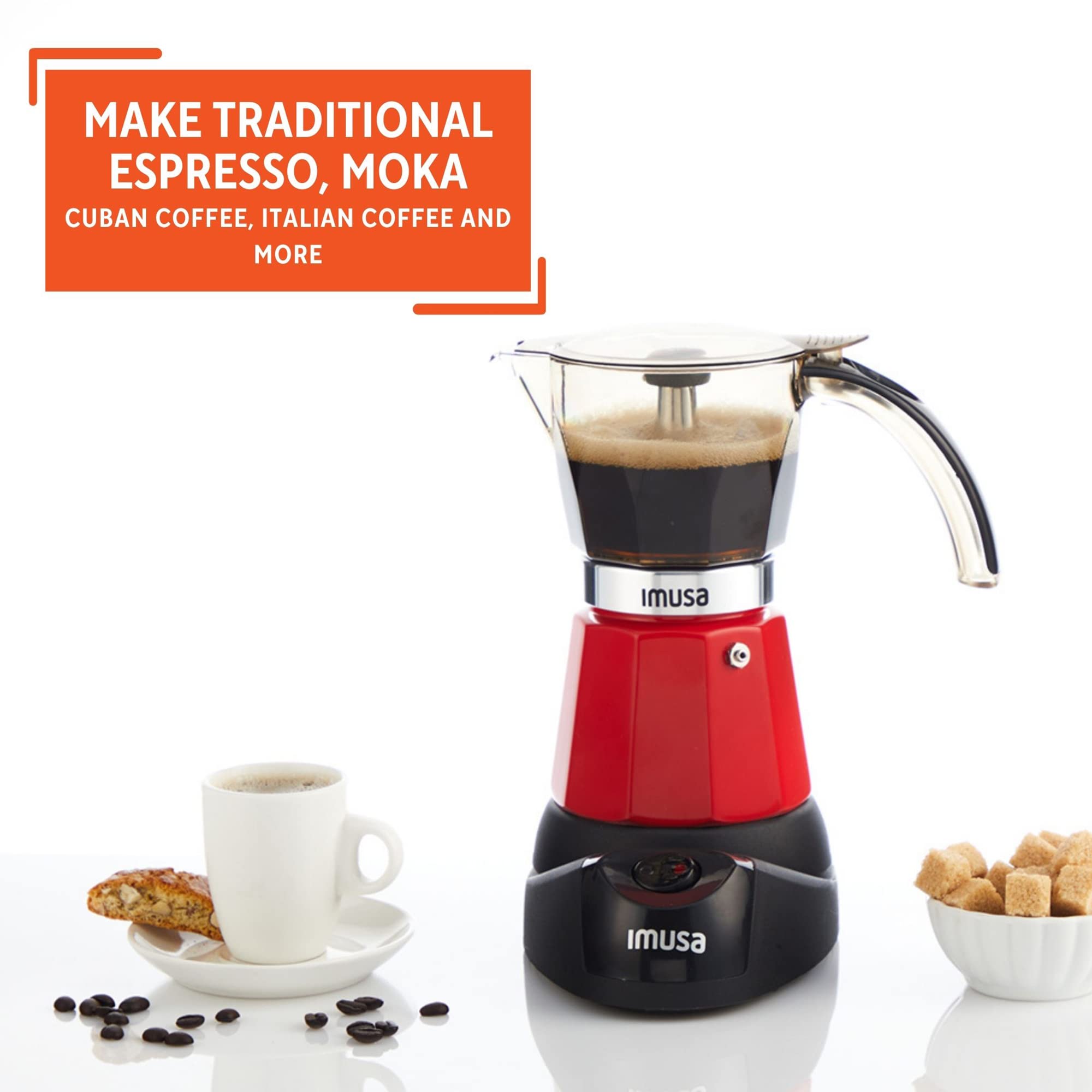 Imusa Electric Espresso Maker, 6 Cup, Aluminum, Red, Model GAU-18235